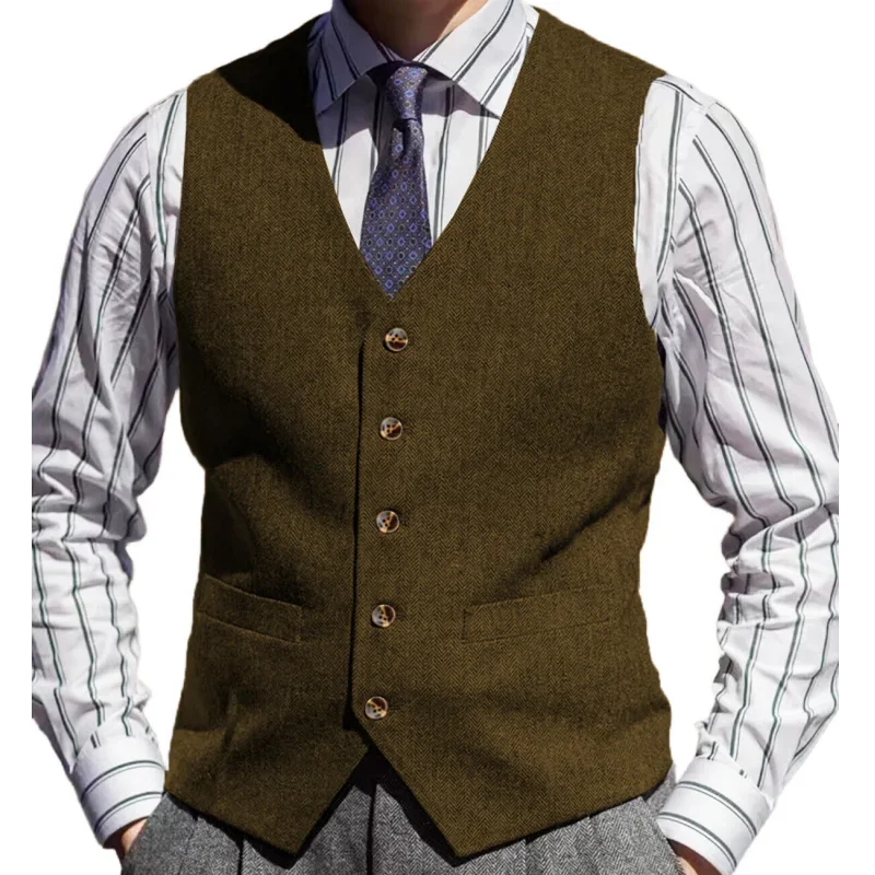 

Мужской жилет коричневый для свадьбы с узором «елочка», однотонный жилет с v-образным вырезом, деловой банкетный деловой деловой деловой повседневный мужской костюм, жилет