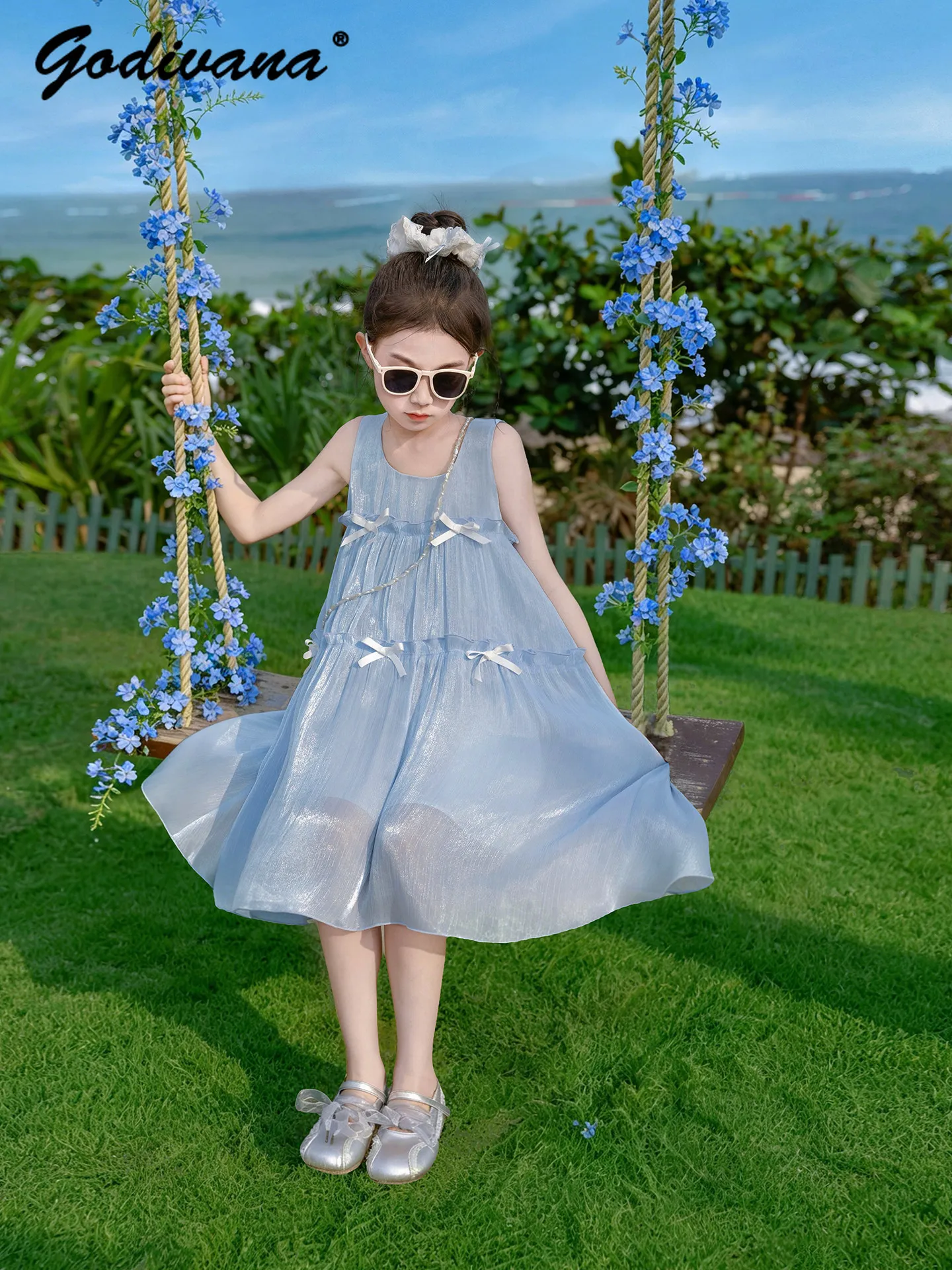 Sweet Baby Girls Summer 2026 New Fashion Sundress Kids Elegant Blue O-neck Sleeveless Loose Fit Bow Casual Suspender Dresses