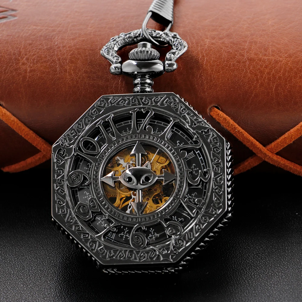 

Black Magic Kitten Hollow Relief Mechanical Pocket Watch Commemorative Pendant Clock Gift with Fob Chain Antique Timer Gift