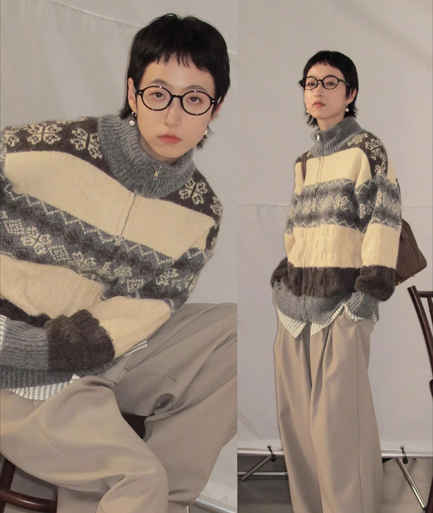 

New Autumn and Winter Women's Sweater, Minimalist and Fashionable Pure Cotton Thick and Warm Half High Neck Knitted Cardigan