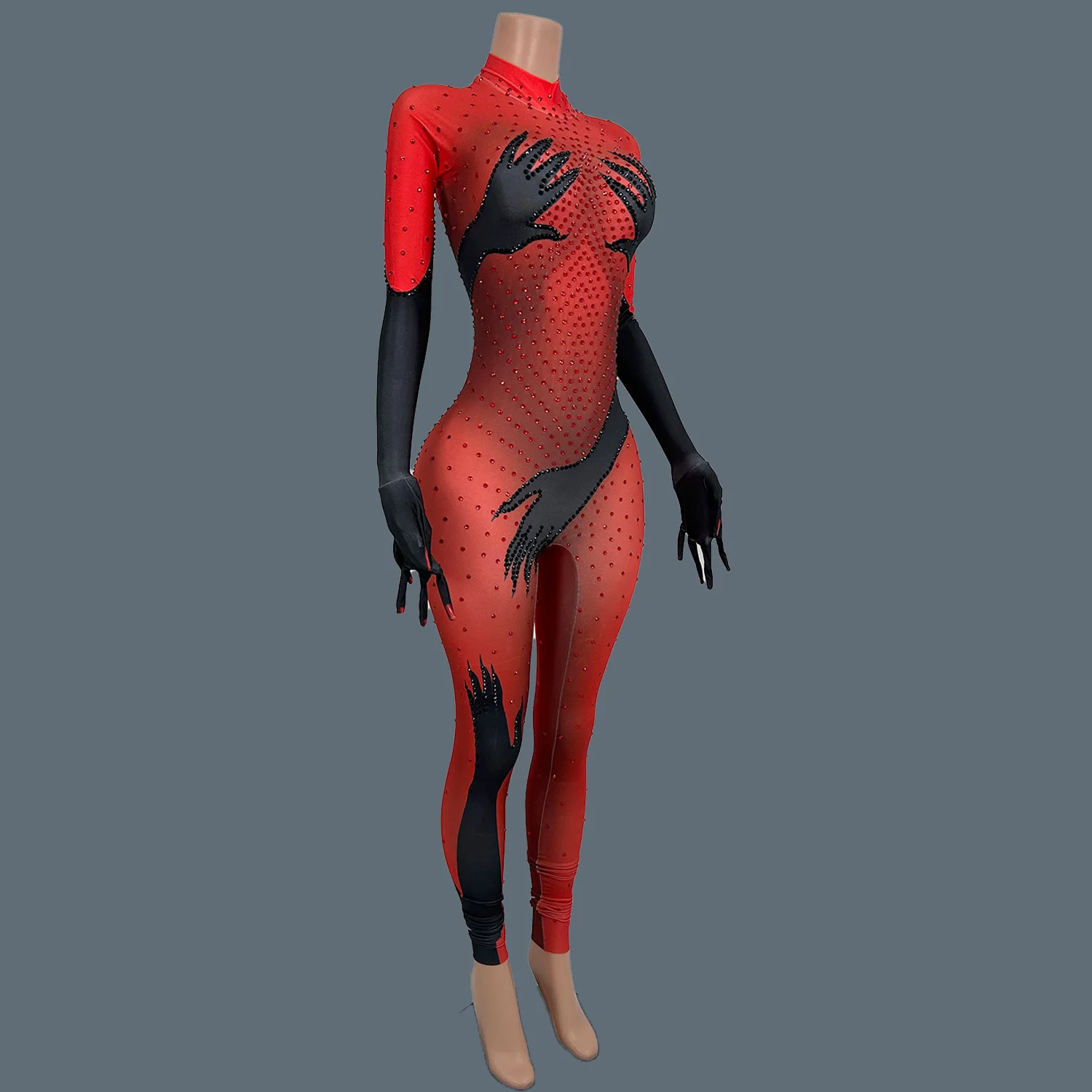 Sparkly Rhinestones Red Spandex Jumpsuit with Gloves for Women Celebrate Party Sexy Performance Dance Costume Stage Wear Bazhang