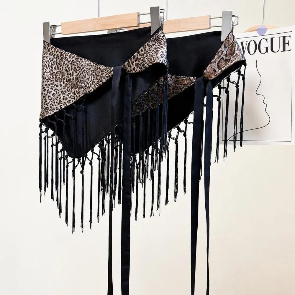 Hippie Leopard Print Triangle Hip Scarf Tie Dye Self-tie Waist Wrap Skirt Fringed Edge Decorative Waist Scarf Streetwear Style