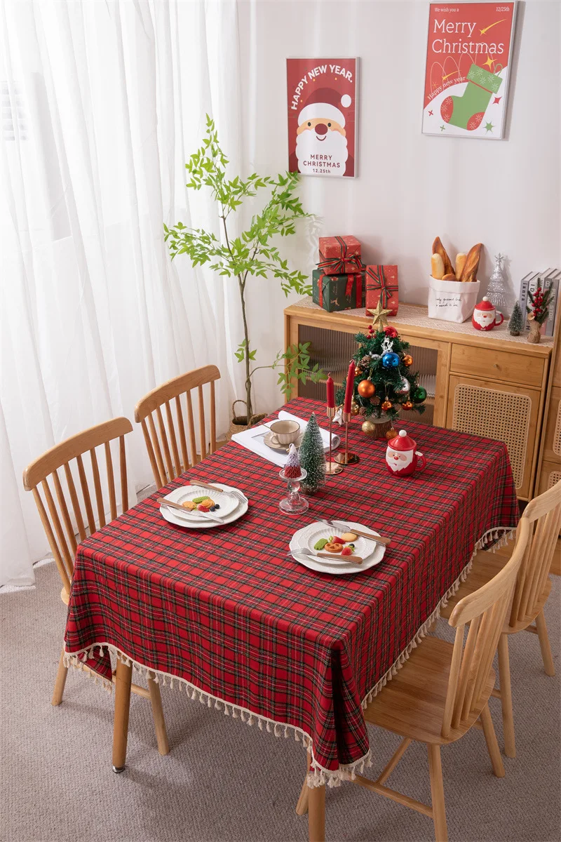 Weihnachtsdekoration, runde Tischdecke, karierte Tischdecke für Neujahr, Familientreffen, Restaurant, Party, Abendessen, Heimdekoration – Detail 23