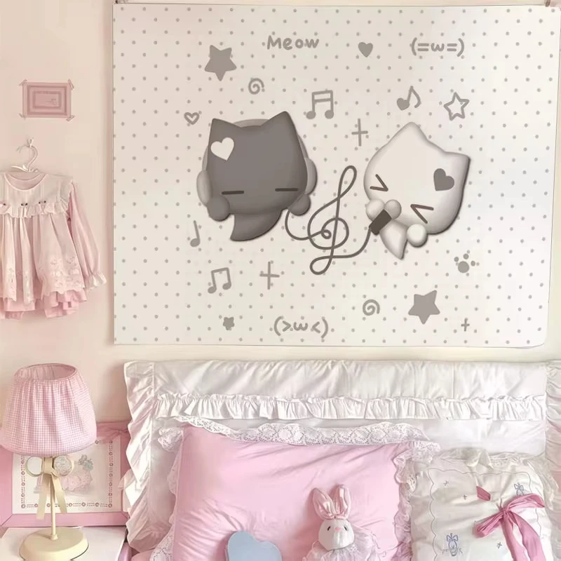 1pc Kawaii Cat Tapestry, Cute Cartoon Kitten Wall Hanging, Cool Room Stuff, Large Size, Polyester 2D Print, Bedroom Stuff, Aesth