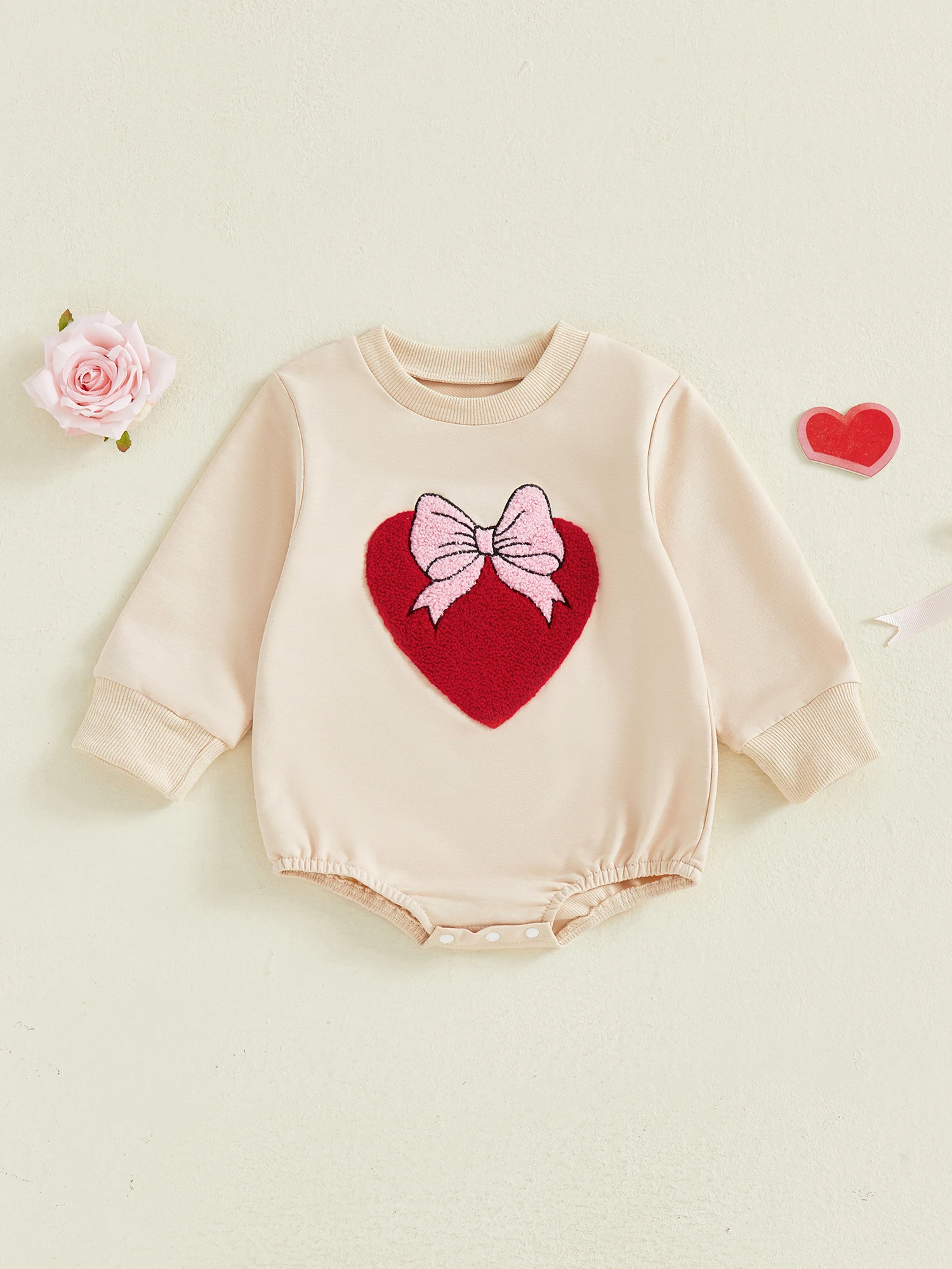

Adorable Baby Girls Rompers with Heart Print and Bow Detail Cozy Long Sleeve Round Neck Jumpsuit for Valentine s Day