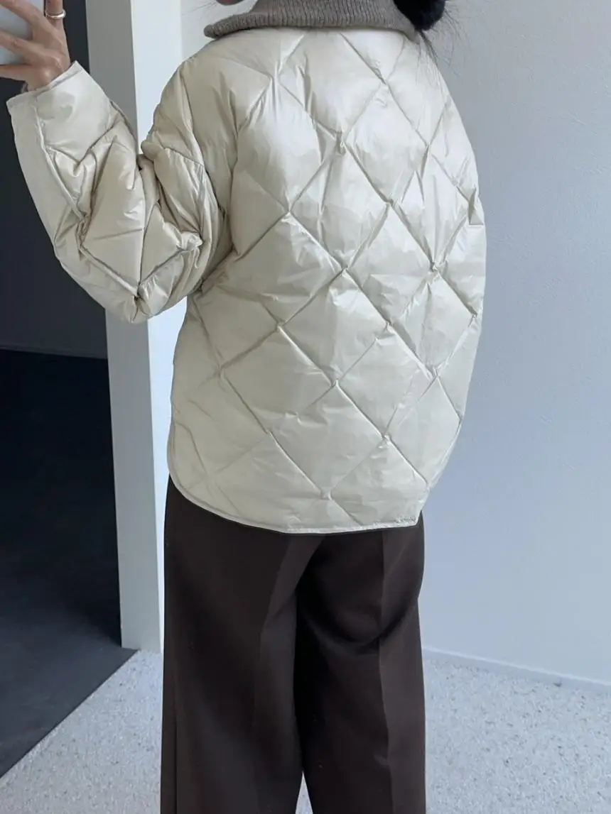 Women's Loose Fit Cotton Jaet Coat Retro round Ne Winter Warmth Interlined Diamond Pattern Long Sve Zipper Closure