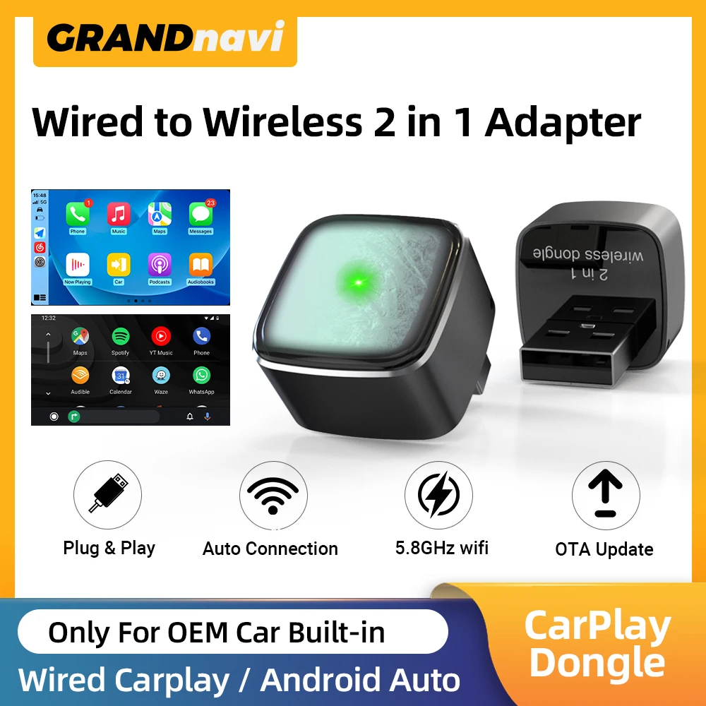 

2025 2в1 Беспроводная коробка Carplay и Android Auto Box 2в1 Проводной к беспроводному ключу Адаптер автоматического подключения Bluetooth Plug & Play Mini Box