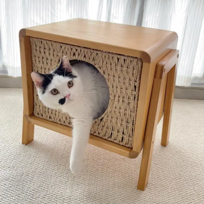Solid wood bedside sofa cabinet, shoe changing stool shared by people and cats, semi-closed cat nest