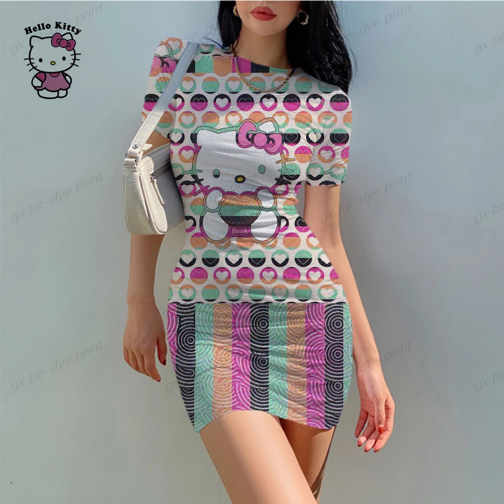 Y2K New Summer Fashion S-5XL Women Tie-dye Strap Short Sleeve Hello Kitty Sexy Mini Slim Skinny Streetwear Dresses for Women