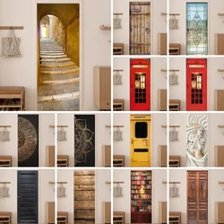 3D Staircase Corridor Door Sticker Room Home Decor Retro Wood Grain Poster Wall Sticker Tear and Stick PVC Waterproof Wall Mural