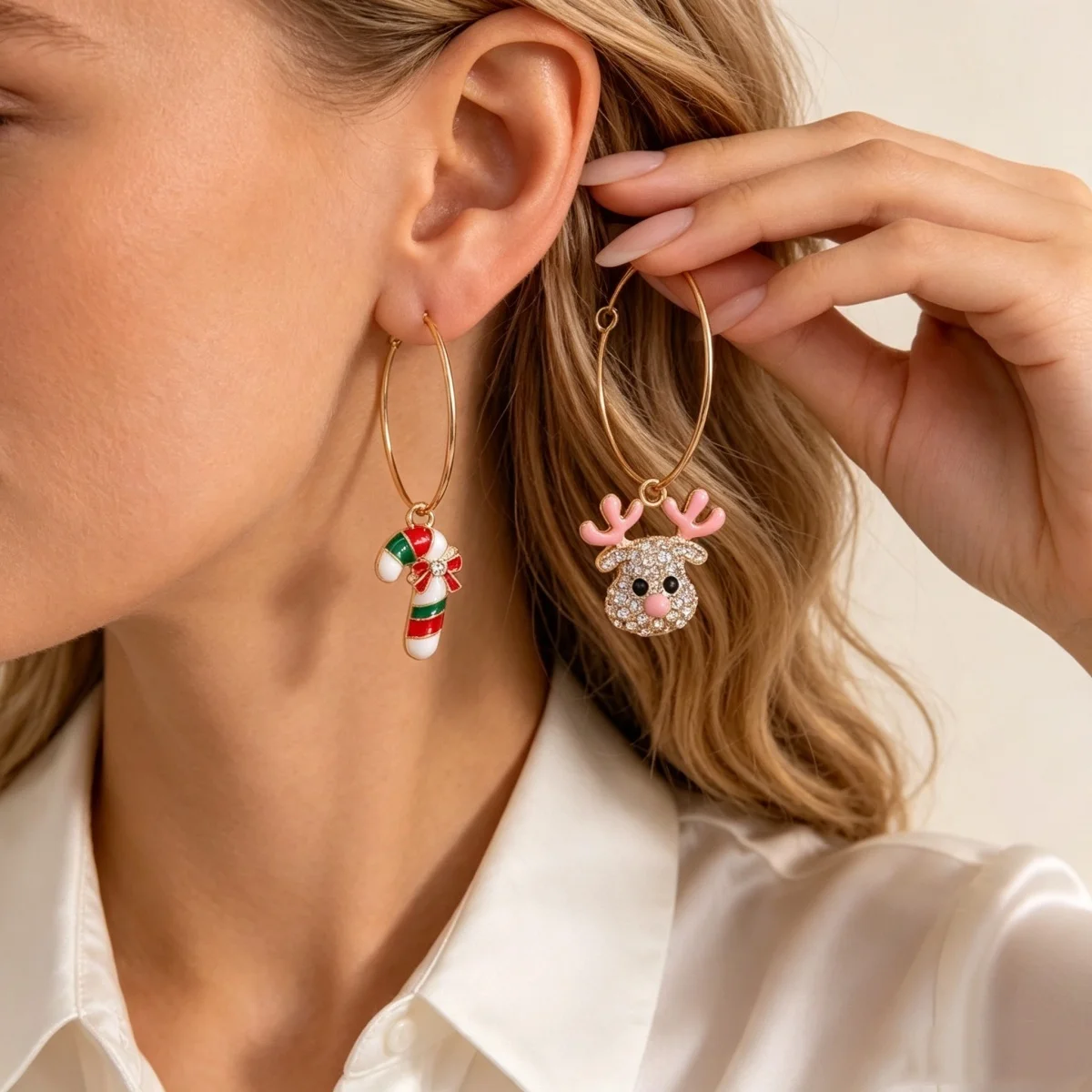 3 Paar/Set Weihnachts-Strass-Ohrringe mit Hirsch, Zuckerstange, Geschenkbox, für Damen, niedliche Weihnachtsmann- und Weihnachtsbaum-Ohrringe, Schmuck – Detail 7