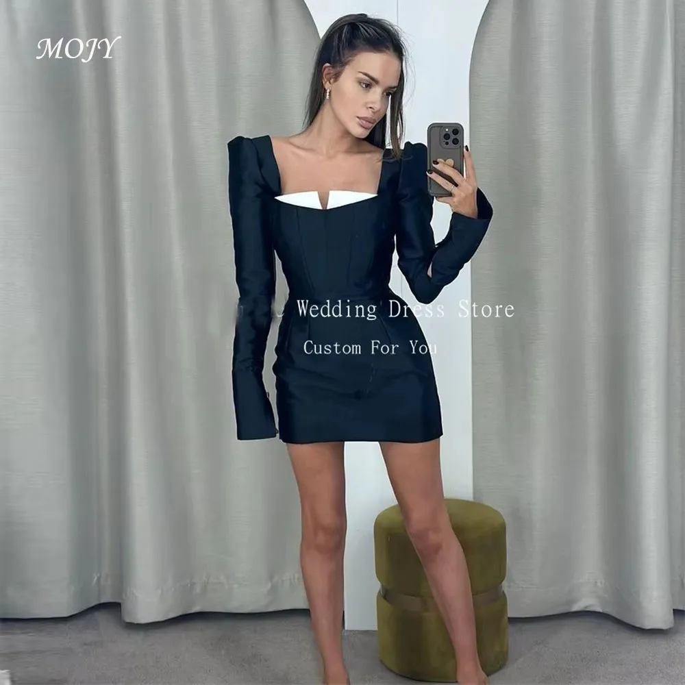 

Mojy Fashion Prom Dresses Long Sleeves Satin Mini Cocktail Dress Navy Blue Event Gowns Special Occasion Dresses Customized