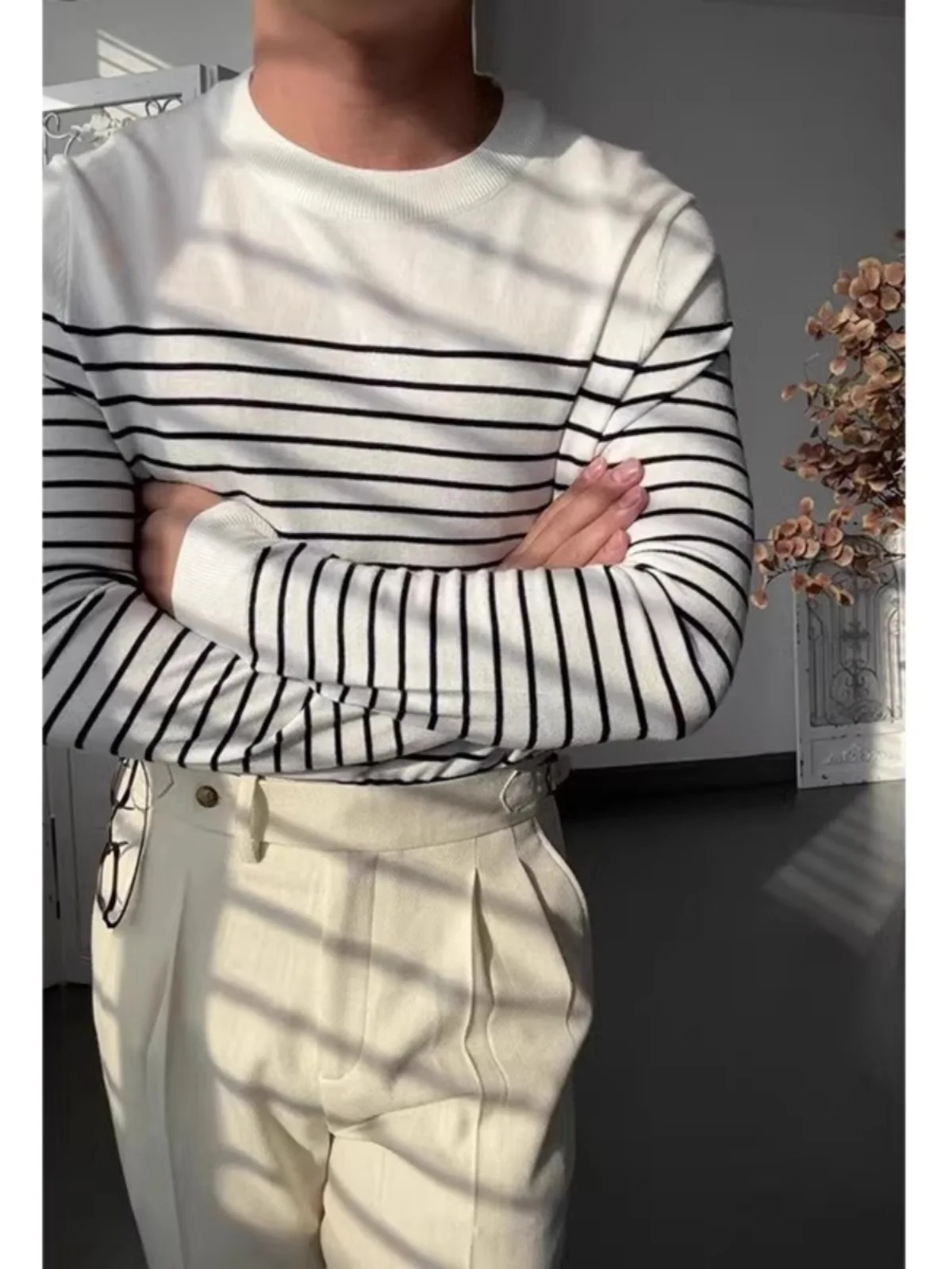 

Легкий вязаный свитер в полоску для молодых мужчин, повседневный, весенне-осенний, в британском стиле