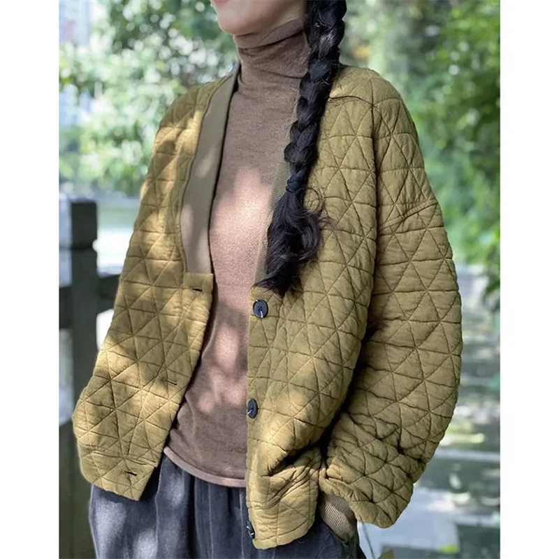 2024 New Retro comfort Solid color Versatile Rhombic lattice Cotton clip Short Loose Women Parkas Down Cotton Jacket Warm Overc