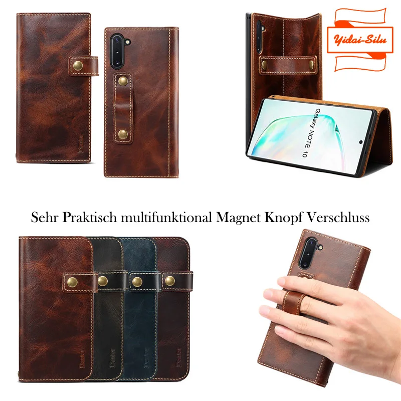 Yidai-Silu Real Leather Flip Case DK magnet button Hook Ring Card Holder Stand Wristband Wallet Cover for Galaxy Note 20 Ultra