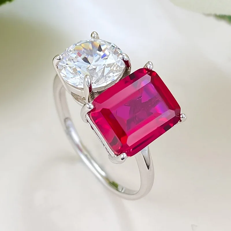 Xiaoyan's new 100% S925 silver simulation diamond 8 * 10 pigeon blood red ring ring anniversary commemorative gift