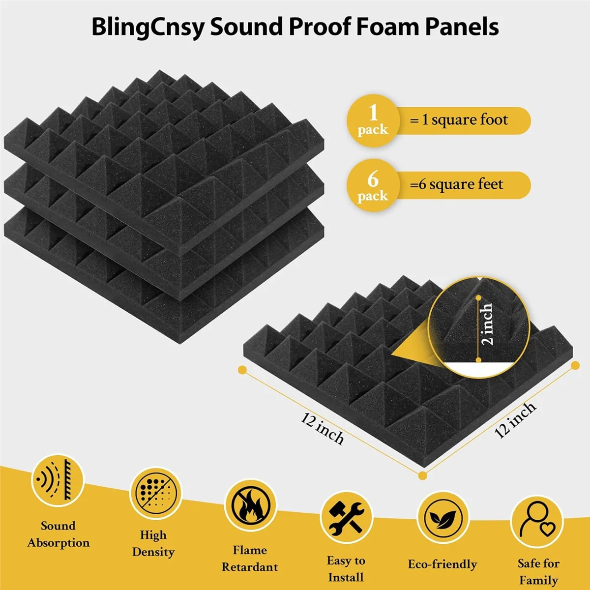 6Pack Self Adhesive Soundproof Wall Panels 2x12x12Inch Sound Proof Foam Panels for Wall,for Home,Recording Studio,Office