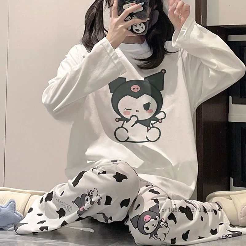 Sanrio Kuromi New Pure Cotton Round Neck Cartoon Sleepwear Cute Sweet Long Sleeve Pajamas Korean Style Loose Casual Home Clothes