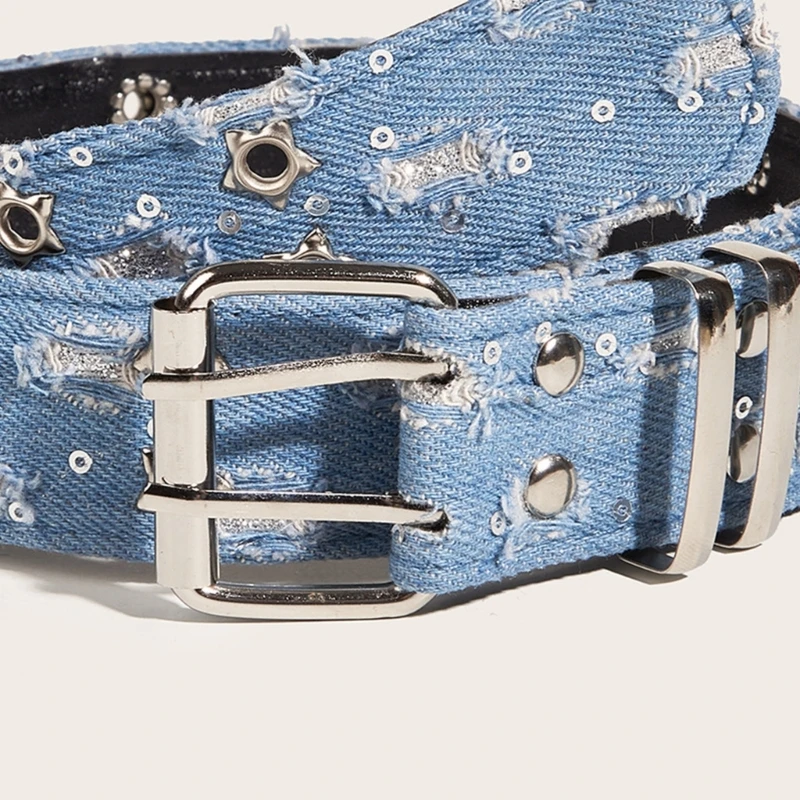 Double Pin Buckle Belts Washed Denim Design Adjustable Waist Straps
