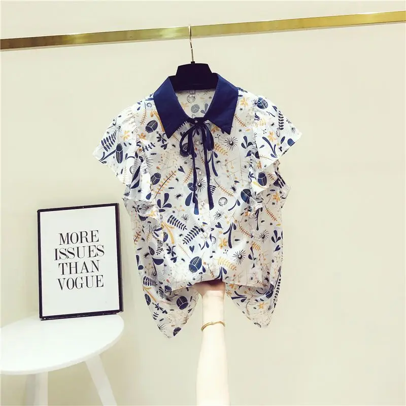 Fashion Casual Flying Sleeve Printed Blouse Summer Women\'s Clothing Korean All-match Turn-down Collar Lace Up Shirt for Female