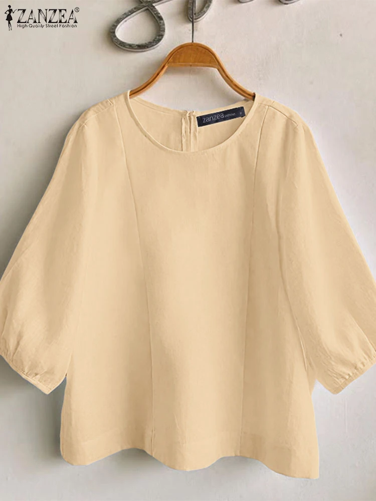 

ZANZEA, летние повседневные свободные Blusas Mujer, женские блузки со швами и круглым вырезом, рукава 3/4, корейский стиль, уличная мода, однотонные топы