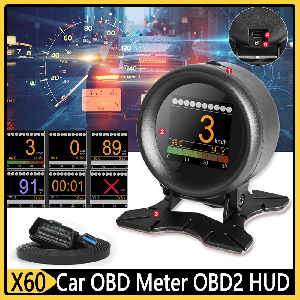 X60 OBD Meter OBD2 HUD Universal Head Up Display Digital Water Temp Gauge Voltage Speed Display Meter Alarm Car Accessories