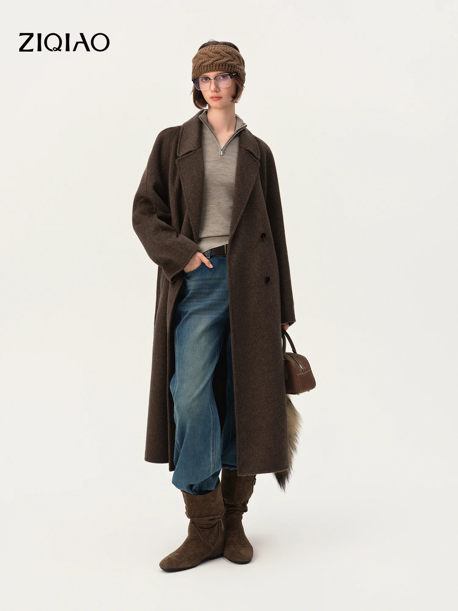 ZIQIAO 2026 Winter Women Camel Hair Wool Blend Double-Faced Wool Coat Mid Length Overcoat Elegant Loose Commute Outerwear Coat