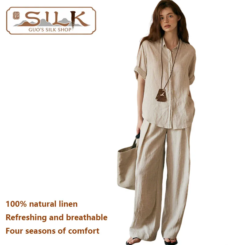 

High-end Natural Pure Linen Women's Set Short-sleeved Shirt Wide-leg Pants 2 Pieces Outdoor Leisure Loose-Fitting Comfortable