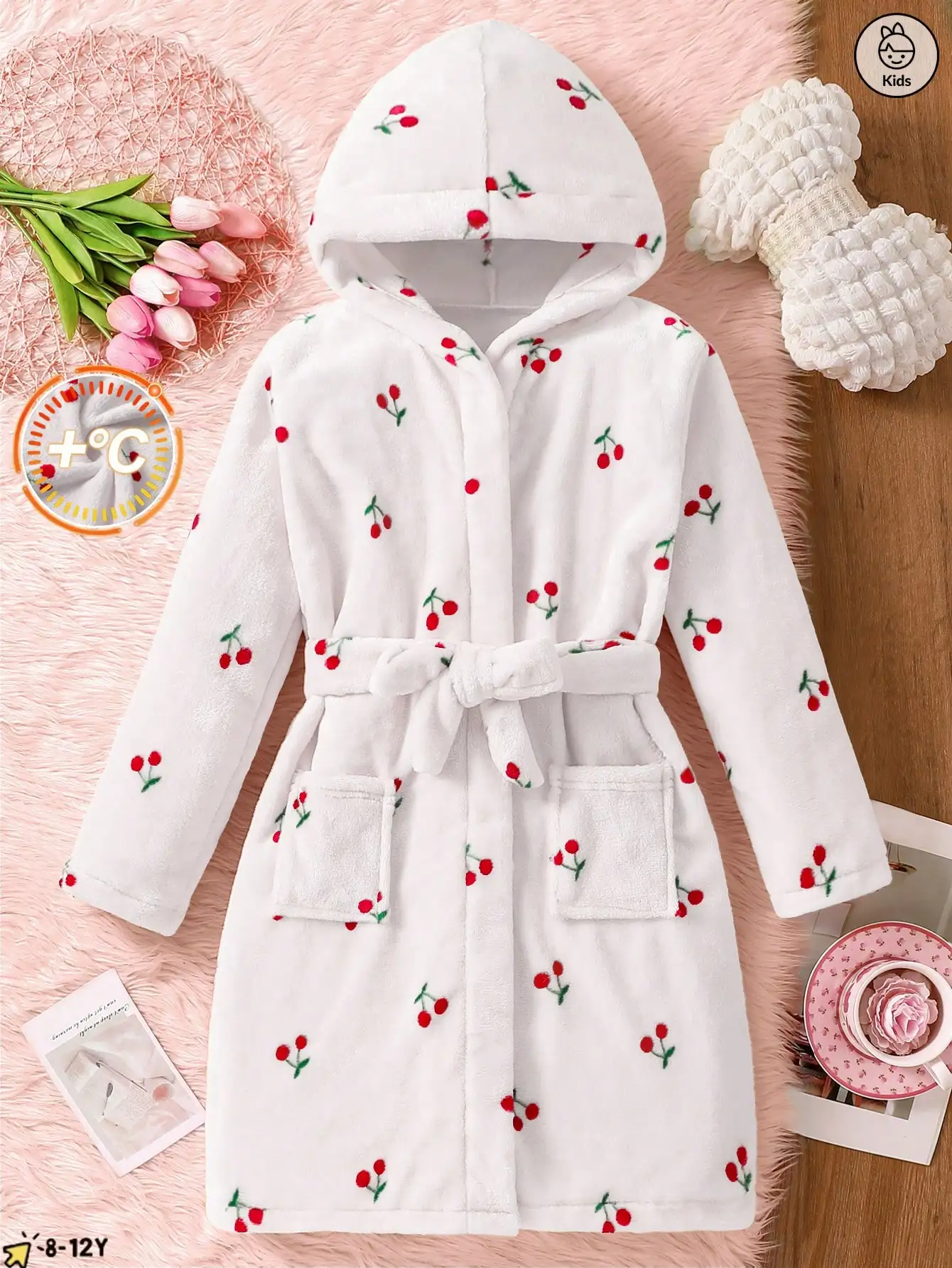 Girls' fashionable bathrobe for spring and autumn, girls' casual sweet pink flannel paired with hooded long sleeved pajamas