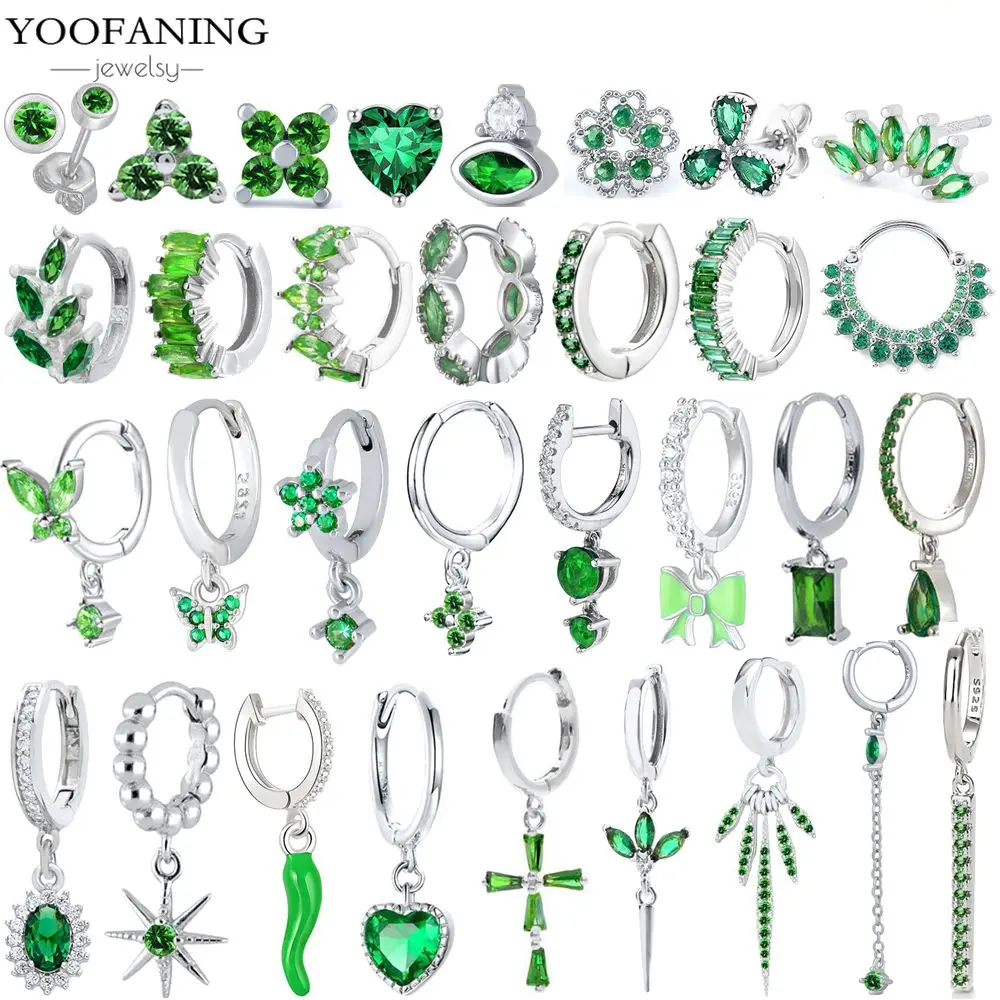 925 Sterling Silver Ear Needle Small Fresh High Grade Hoop Earrings Green Zircon Green Series Classic Earrings for Women Jewelry