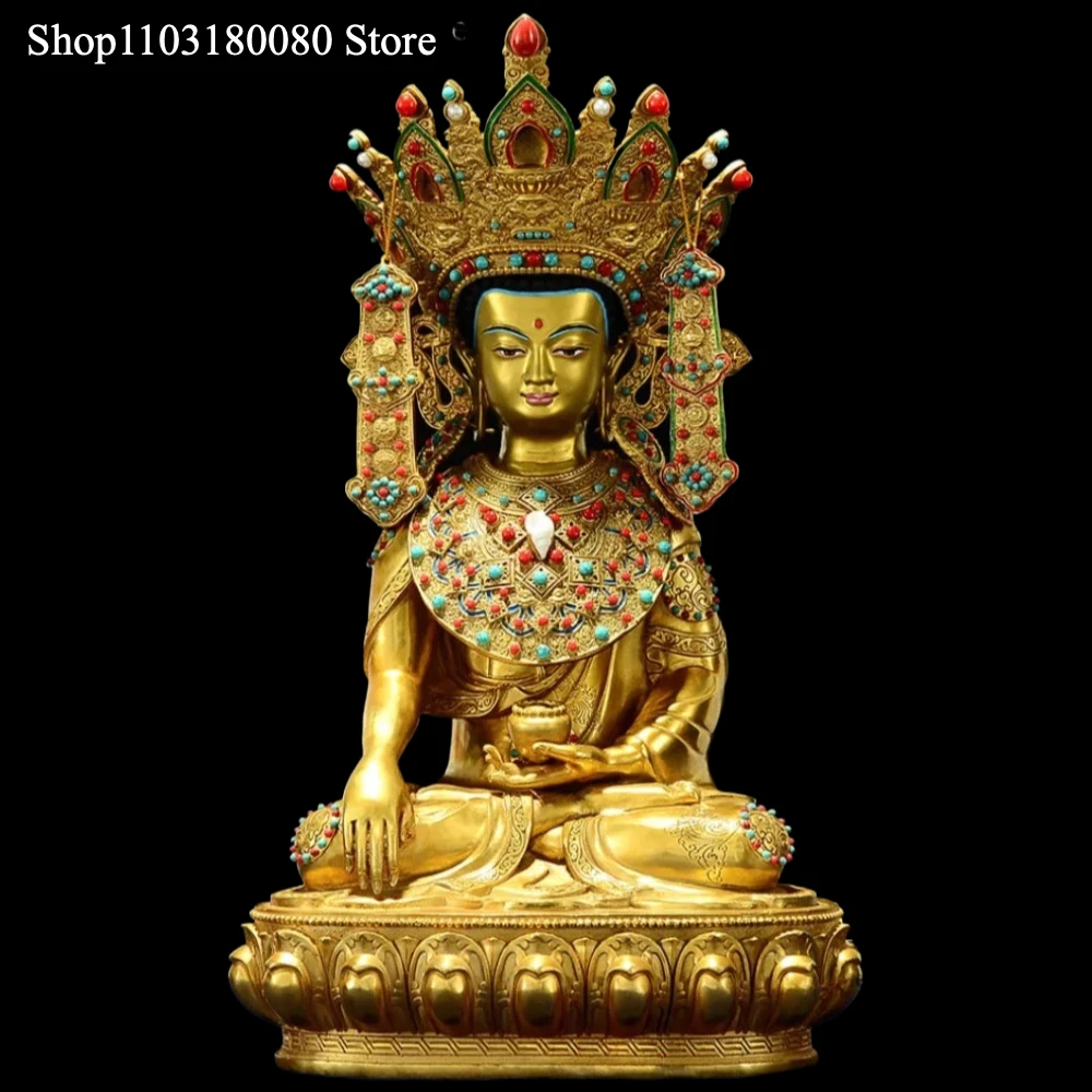 37cm Copper Brass gilding Awakened Reclining Buddha 12 year-old Shakyamuni Jue wo buddha statue sculpture