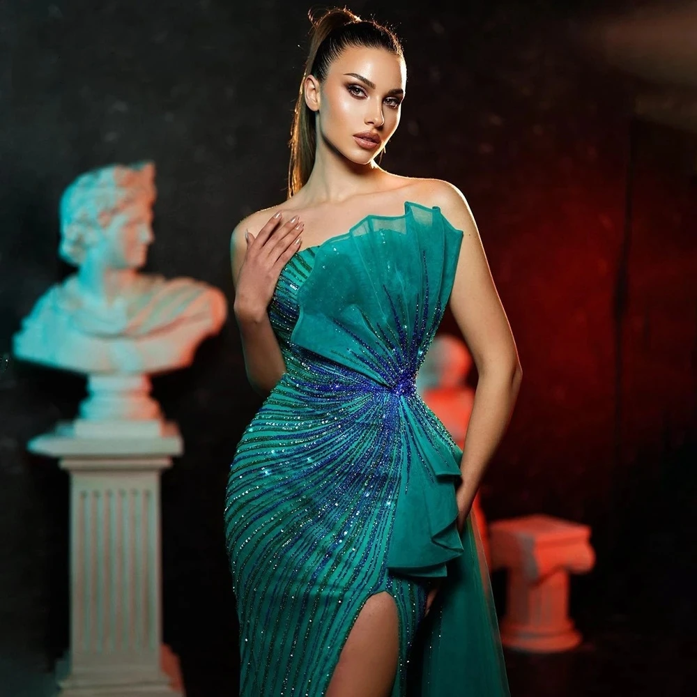 Modern Strapless Mermaid Prom Detachable Train Dresses Sequins Bowknot Side Split Evening Gowns Custom Made Robe De Soirée