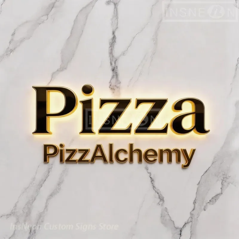 カスタムメイドの金属製ledロゴライトサイン、ピザアリムシー（pizzalchemy）用のネオン3dバックライト文字、ビジネス用アクリル製ブランドウォールサイン、ガレージや屋外、家庭用。
