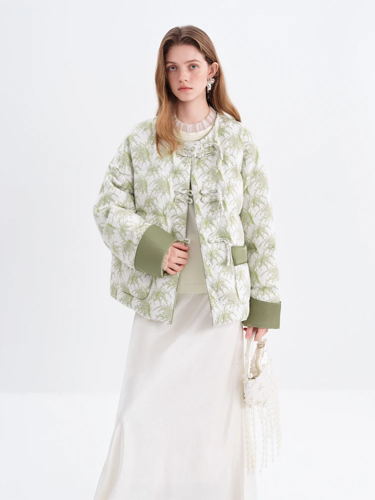 

New Chinese Sle ort down Jaet Women's Winter Coat Floral Embroidery Outerwear Warm Fluffy White Duling Polyester Fiber