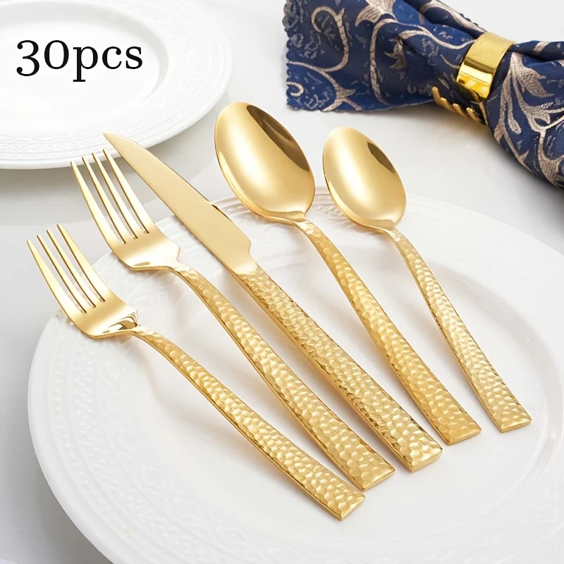 30 Piece Set of High-End Stainless Steel Tableware for 6 People, with Hammer Pattern Handle Design, Including a Five Piece Set