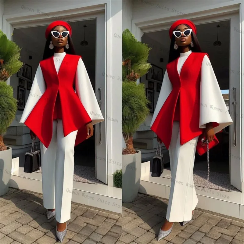 

White Red Women Suit Set 2 Piece Blazer Pants Trousers Ruffles Hem Formal Office Lady Jacket Cotton Wedding Prom Coat Customized