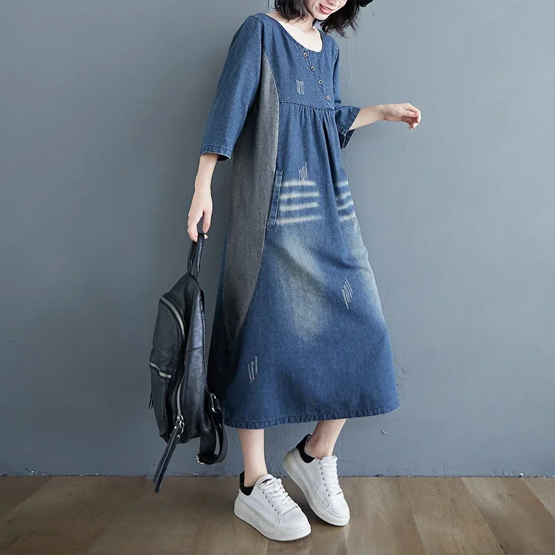 

New Women Denim Dress Vintage Temperament Simple Patchwork Loose Knee Length Scratch Bleaches Three Quarter XQ115