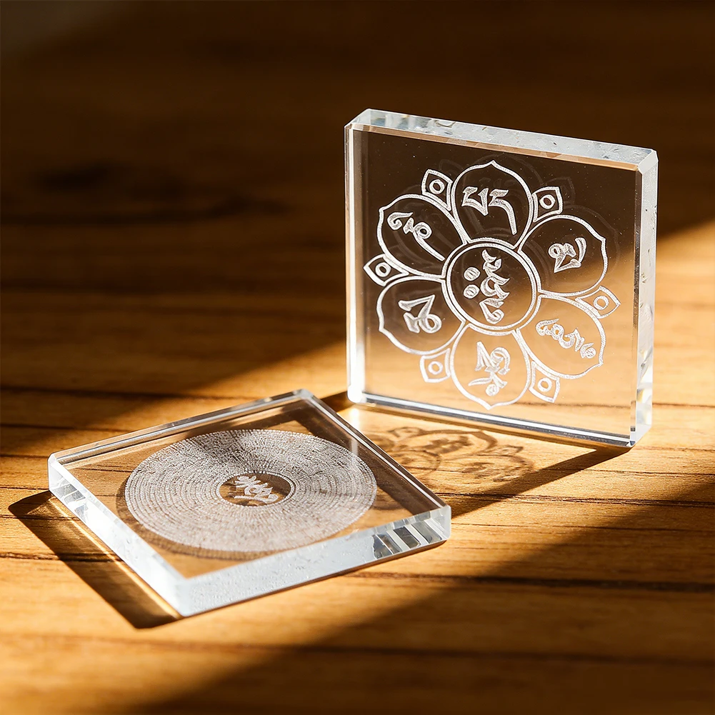 Transparent Carved Lotus Lankavatara Sutra Glass Crystal Ornament The Six Word Mantra Home Decorative Items Square Paperweight
