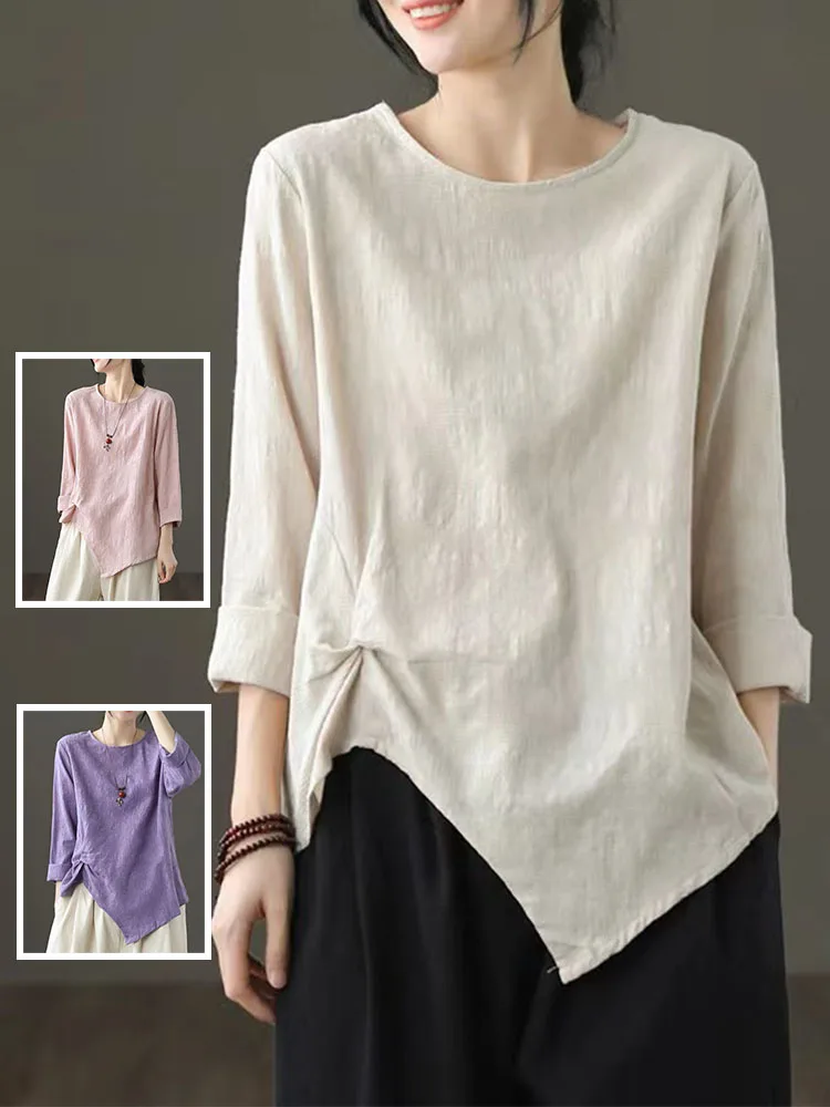 

Ранняя осень, художественный плиссированный хлопковый льняной асимметричный топ больших размеров, женская круглая футболка Ne для похудения, длинная све