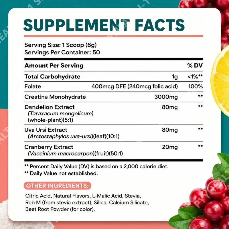 Creatine Monohydrate Powder with 3,000 Mg Creatine Monohydrate, Folate 400 Mcg DFE, Dandelion Cranberry 50 Servings