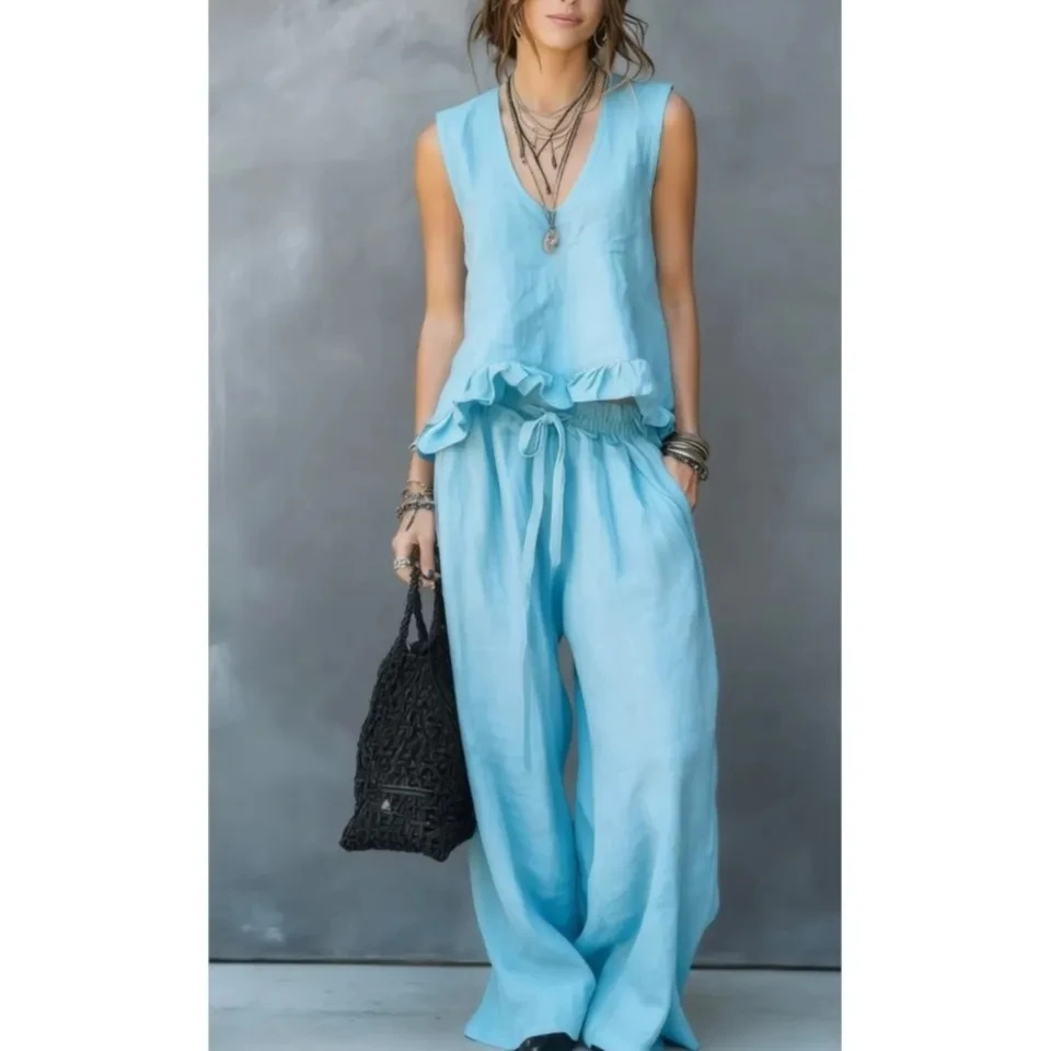 

Summer Solid Color Vest Ruffled V-neck Top Women Suit Fashion Pocket Elastic Waist Tie Loose Wide-leg Trousers Female 2piece Set