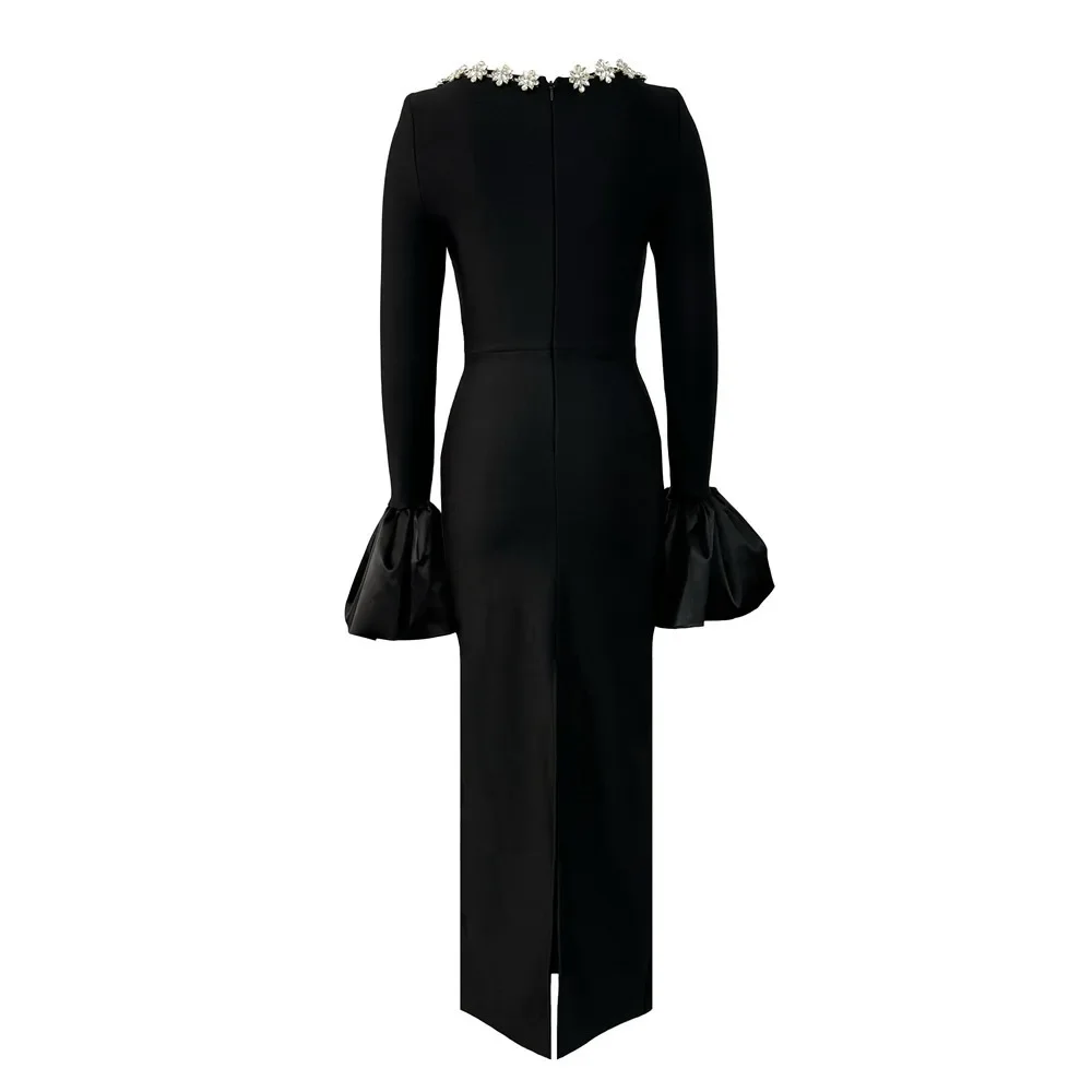 Haute qualité femmes à manches longues Sexy col carré brillant cristal moulante longue robe de pansement célébrer tenue de soirée