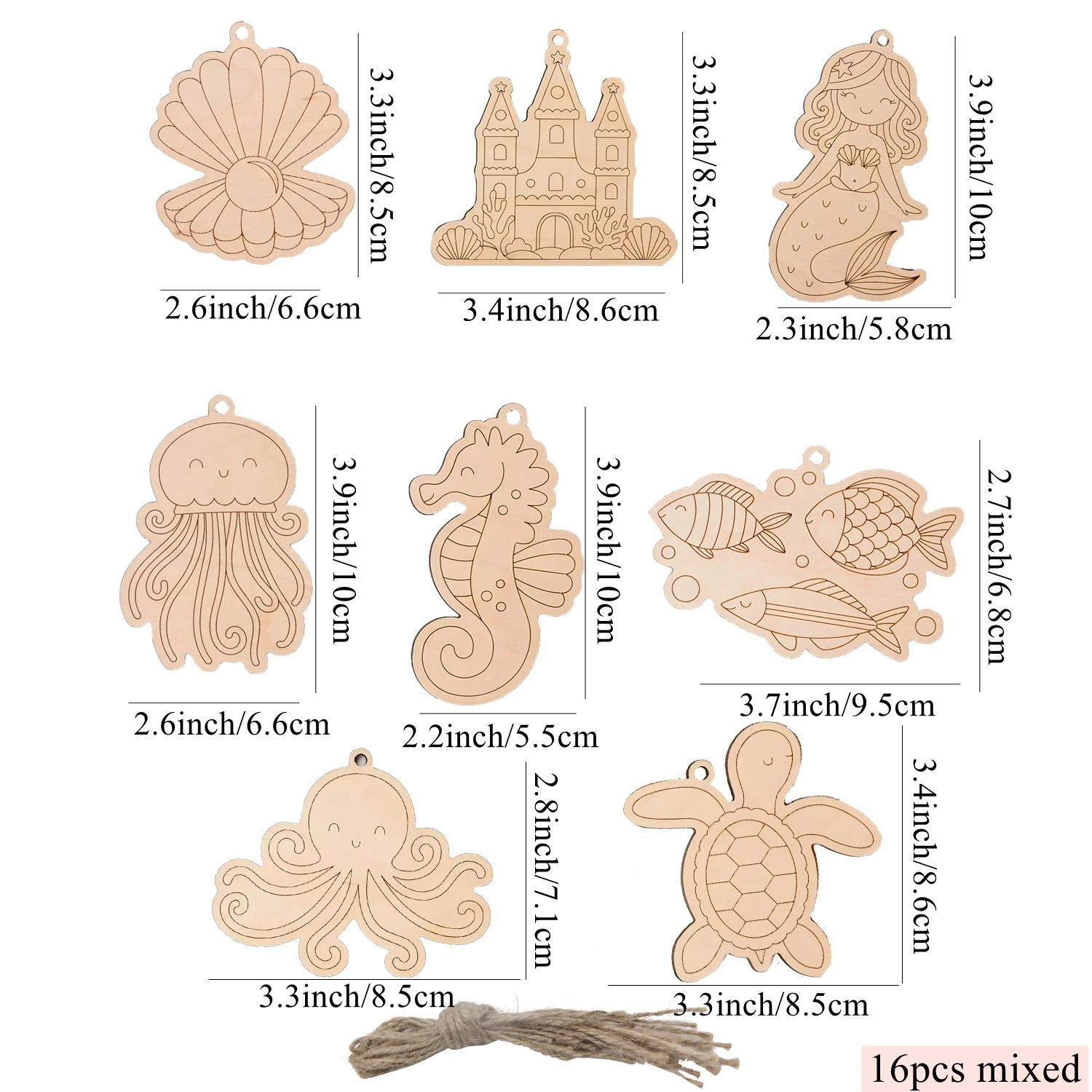 16pcs Wooden Under The Sea Ornament Cartoon Fish/Mermaid/Shell Blank Hanging Crafts for Ocean Party Decor New Year Craft Supply