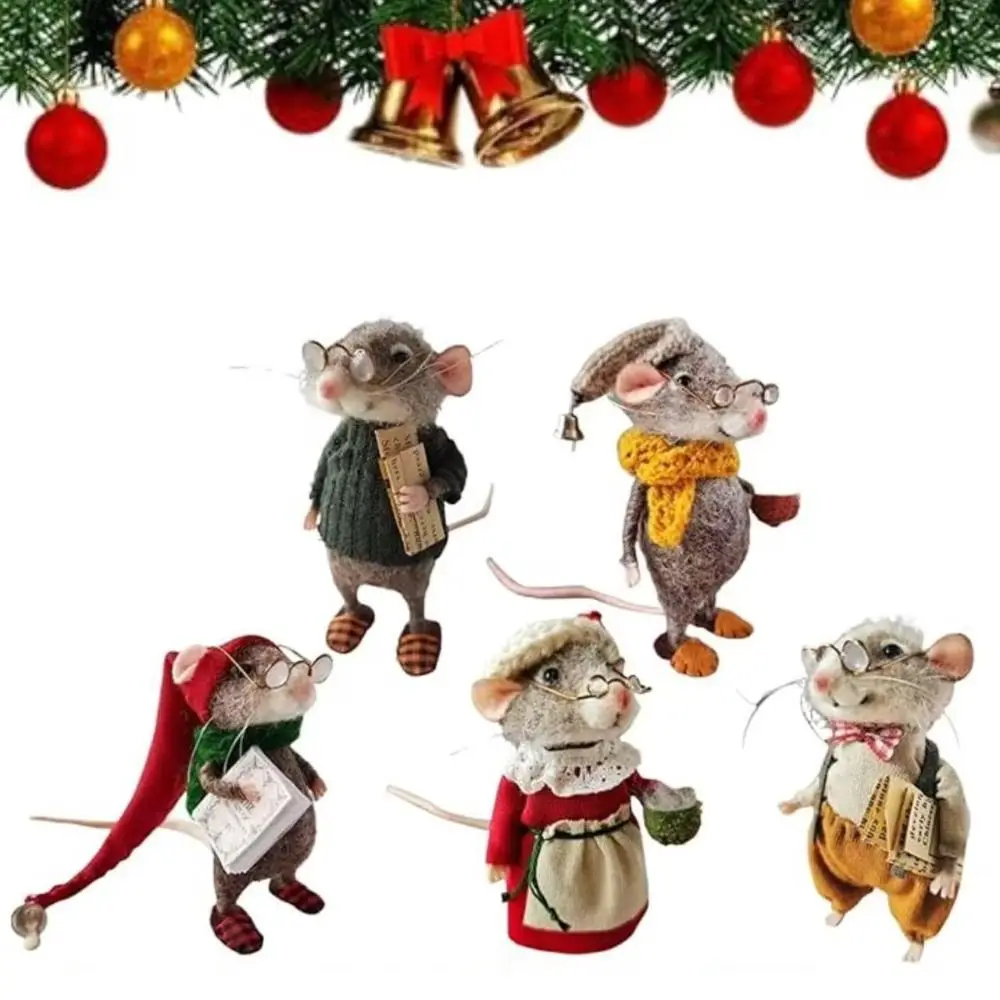 5PCS Cute Needle Mouse Doll Wool Felted Mice Ornaments New Year Christmas Gift Handmade Craft Decorations