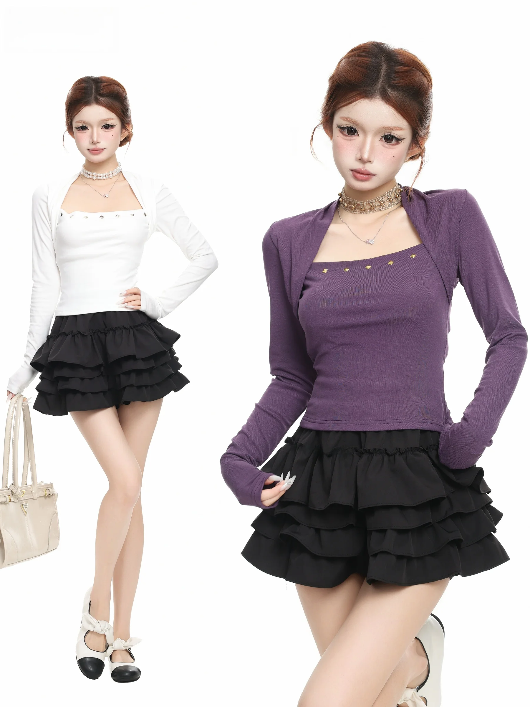 BASTERDS Korean Style Long Sleeve Slim Fit Women's T-shirt Square Collar Base Shirt Autumn Fashion Creative Pattern Skin-frie...