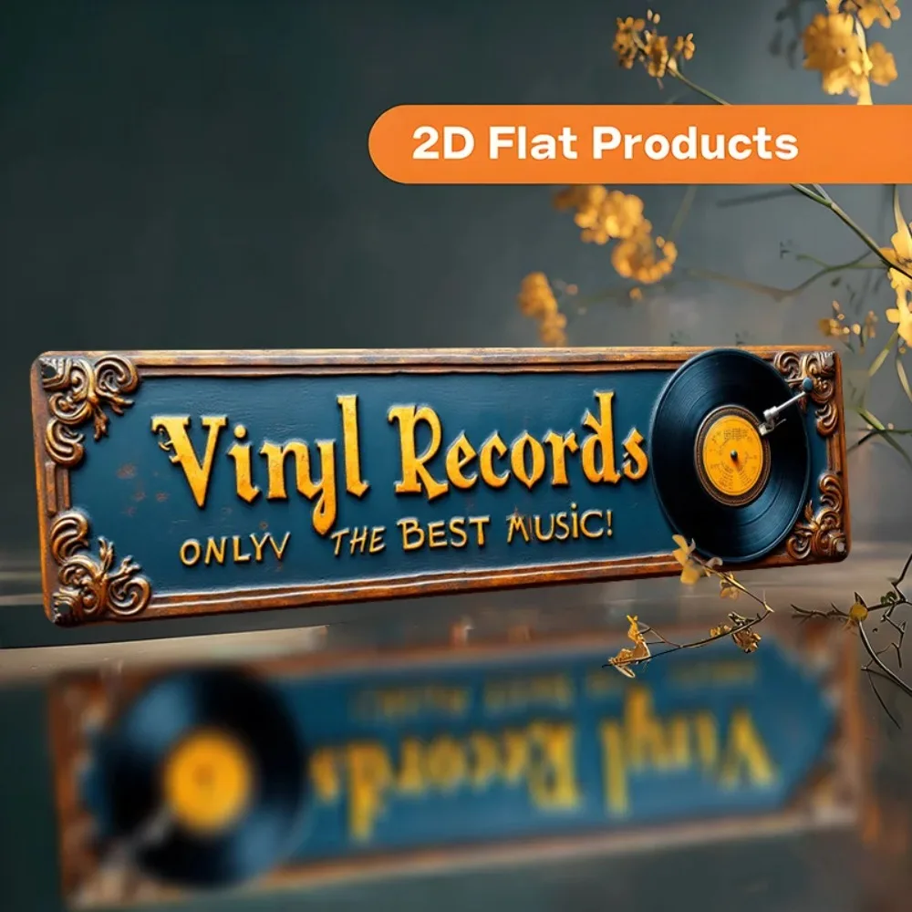 2D Flat 1pc Vintage Aluminum Wall Art, Vinyl Record Store Retro Music Decor Plaque 16x4 Inch With Vinyl Record Design