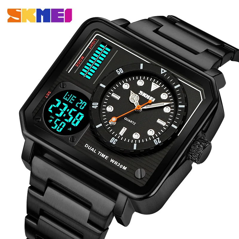 

SKMEI Men Watch Full Steel Analog Digital Sport Watch Mens Waterproof 2 Time Chrono Alarm Wristwatches Clock reloj hombre