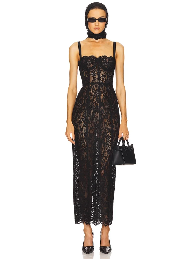

Wide Strap Lace Square Collar Women Evening Dress Backless Sleeveless Party Gown Elegant Tight-Fitting Prom Skirt New Arrival