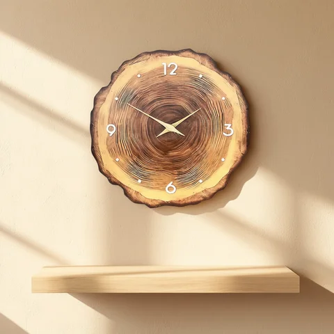 1pc wooden ring veneer wall clock, flat wood cross section texture pattern solid wood pointer design wall clock, silent clock