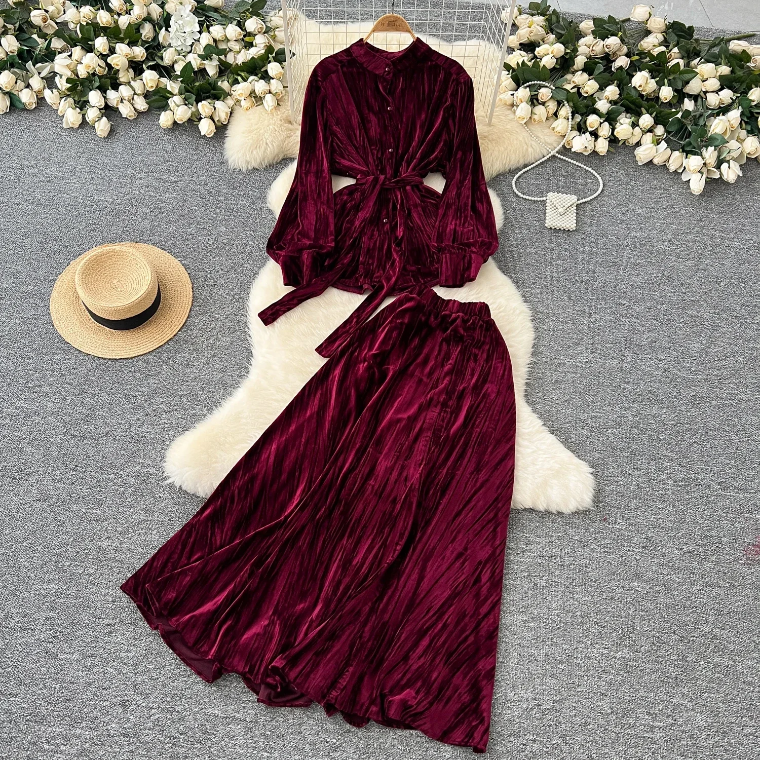 Chic Women Two-Piece Sets Vintage Single Breasted Bandage Lantern Sleeve Top High Waist Skirt Korean High Street Velvet Clothing